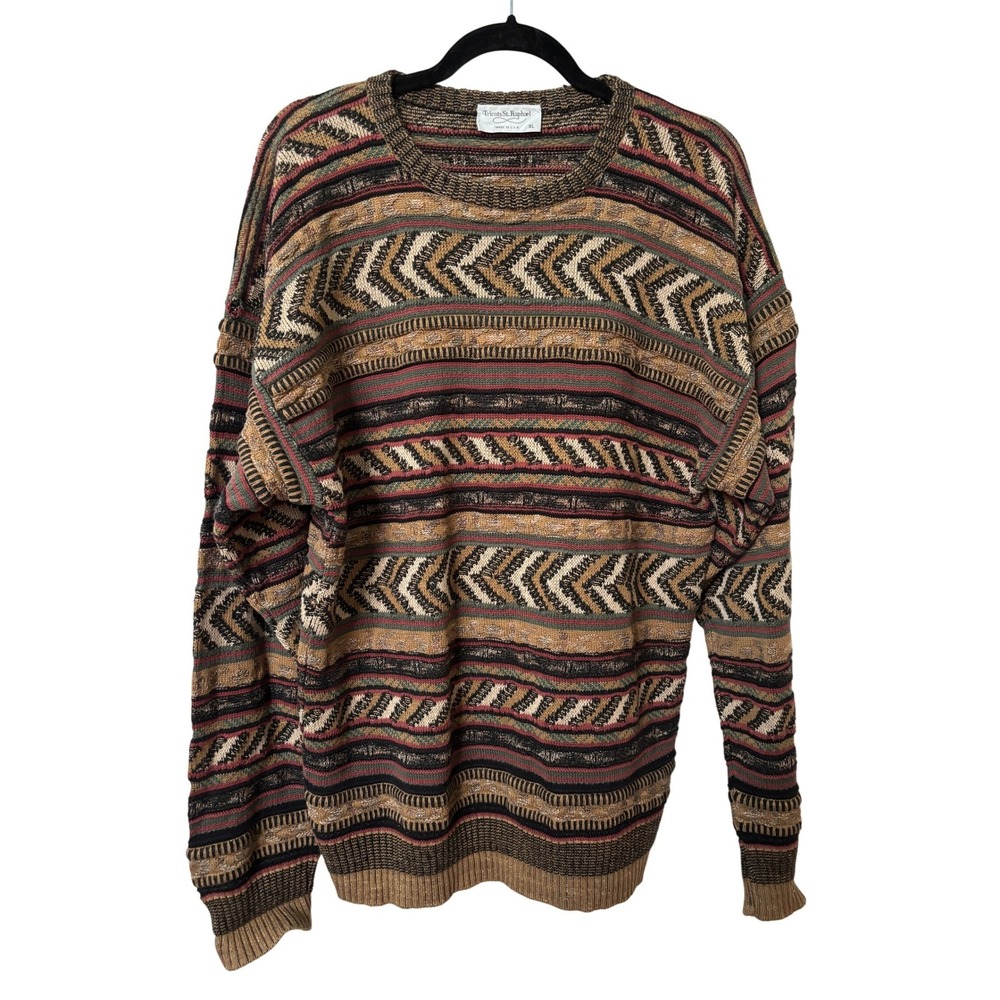 Tricots St Raphael Mens XL Vintage Geometric Chevron Knit Sweater Brown Made USA